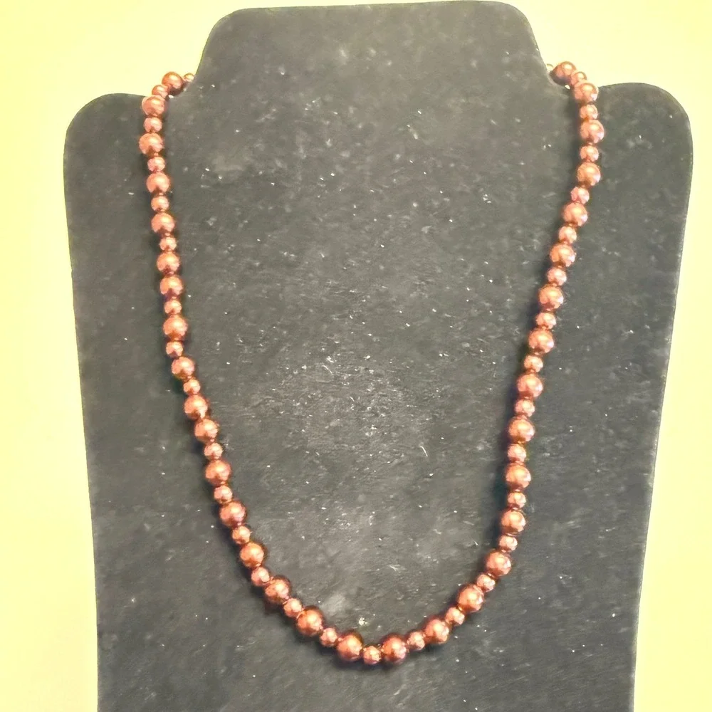 Bronze Faux Pearl Graduated Bead Strand Necklace Silver‎ Tone Hook Clasp 20 Inch